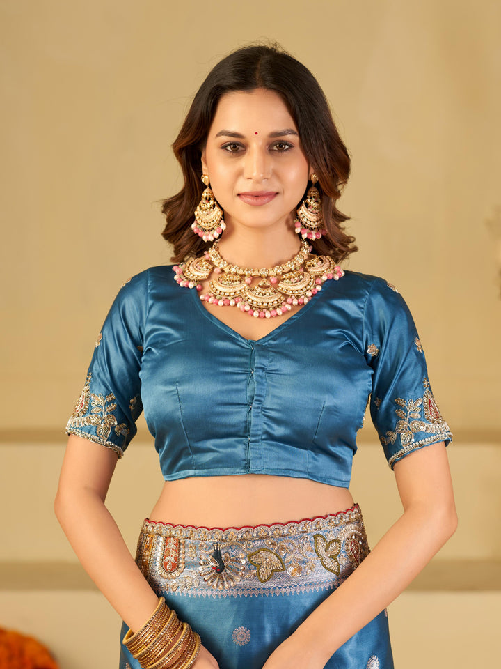 Elegant Steel Blue Banarasi Silk Saree with Floral Embroidered Border & Rich Zari Woven Pallu | Designer Wedding Festive Saree