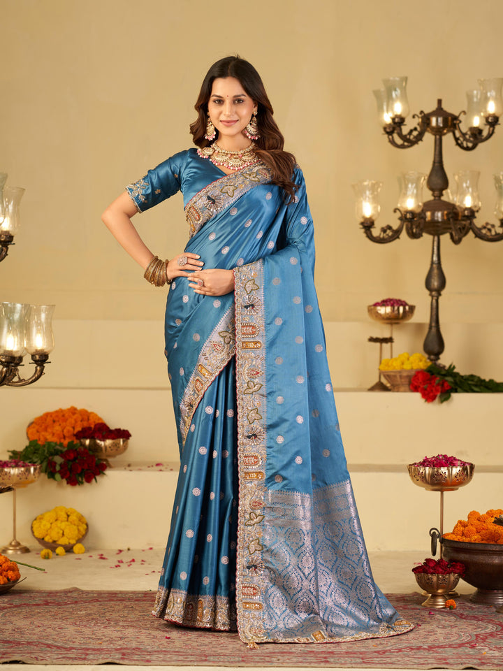 Elegant Steel Blue Banarasi Silk Saree with Floral Embroidered Border & Rich Zari Woven Pallu | Designer Wedding Festive Saree
