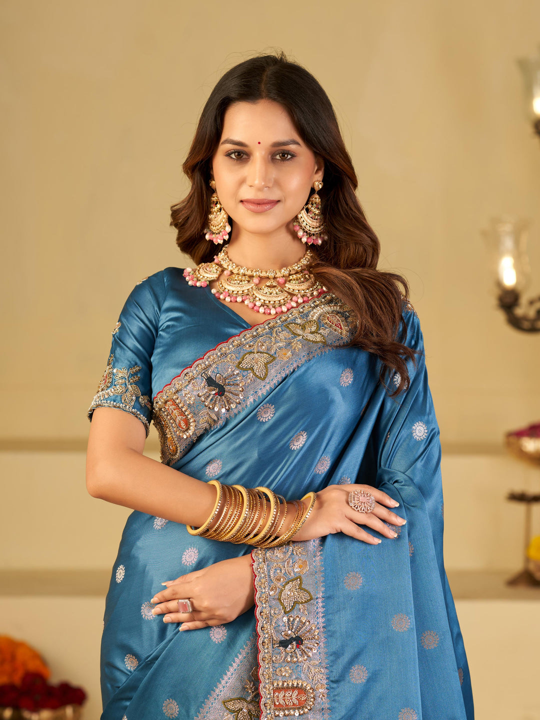 Elegant Steel Blue Banarasi Silk Saree with Floral Embroidered Border & Rich Zari Woven Pallu | Designer Wedding Festive Saree