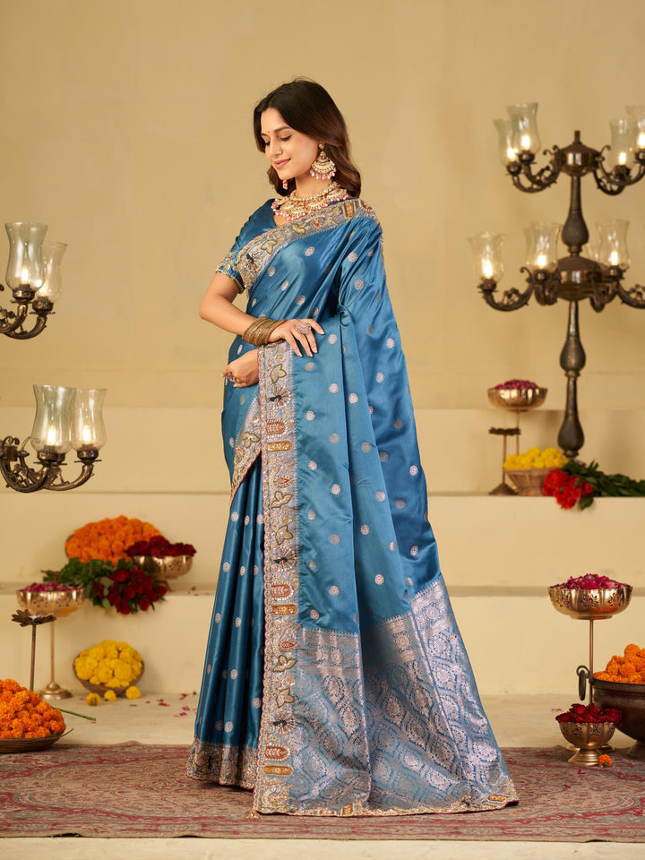 Elegant Steel Blue Banarasi Silk Saree with Floral Embroidered Border & Rich Zari Woven Pallu | Designer Wedding Festive Saree