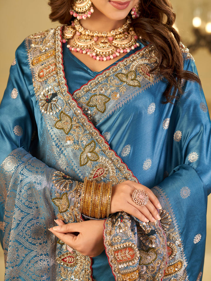 Elegant Steel Blue Banarasi Silk Saree with Floral Embroidered Border & Rich Zari Woven Pallu | Designer Wedding Festive Saree