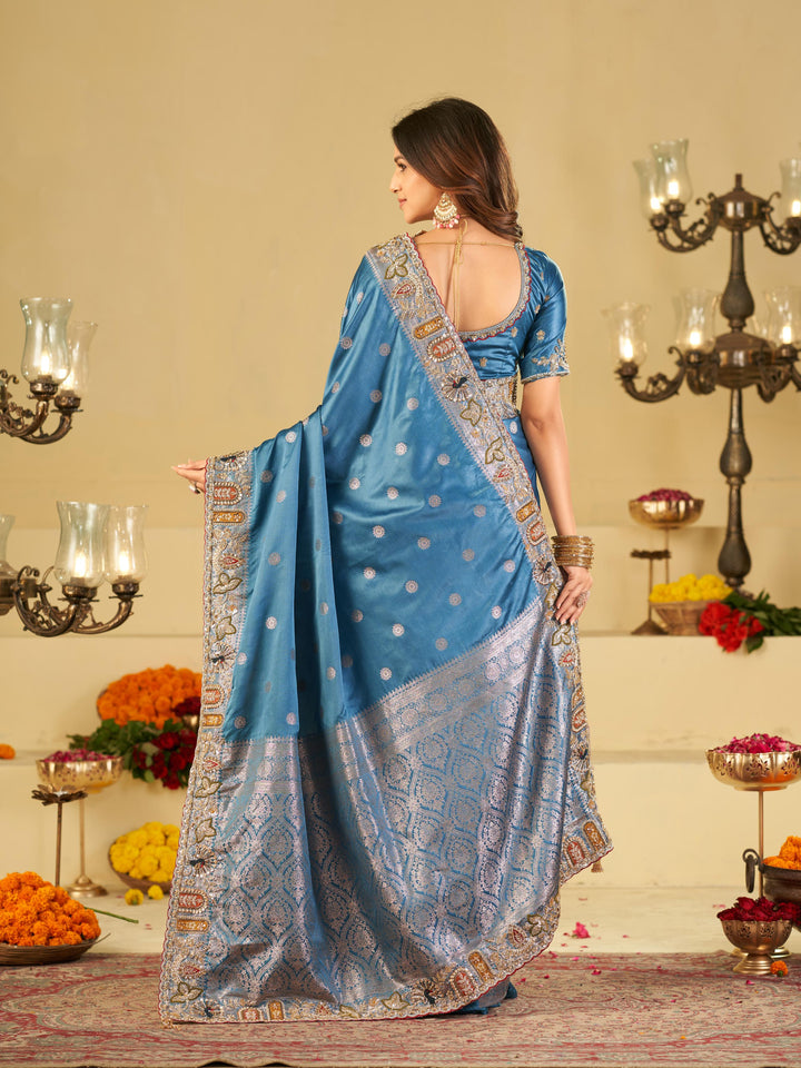 Elegant Steel Blue Banarasi Silk Saree with Floral Embroidered Border & Rich Zari Woven Pallu | Designer Wedding Festive Saree