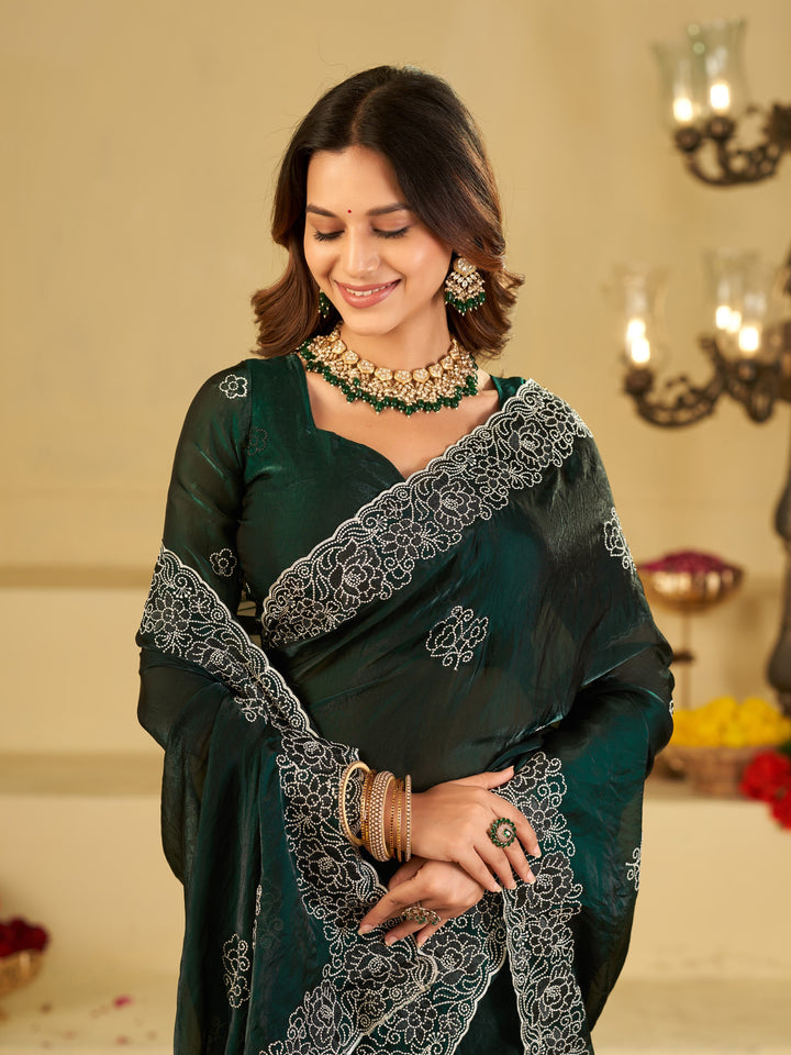 Bottle Green Fendy Satin Saree with White Floral Embroidery Border | Designer Party Wear Saree with Embroidered Blouse