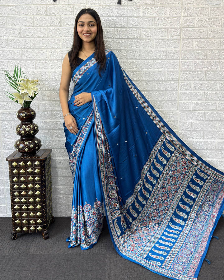 Royal Blue Modal Silk Saree with Heritage Paisley Pallu, Floral Border & Traditional Ethnic Prints