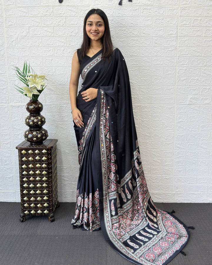 Classic Black Modal Silk Saree with Paisley Designer Pallu, Intricate Floral Border & Traditional Ethnic Print