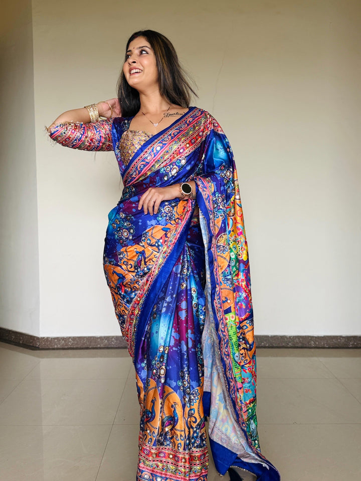 Women Designer Peacock & Floral Digital Print Saree with Contrast Border & Attached Blouse | Premium Party Wear Saree