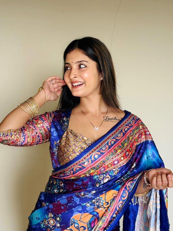 Women Designer Peacock & Floral Digital Print Saree with Contrast Border & Attached Blouse | Premium Party Wear Saree