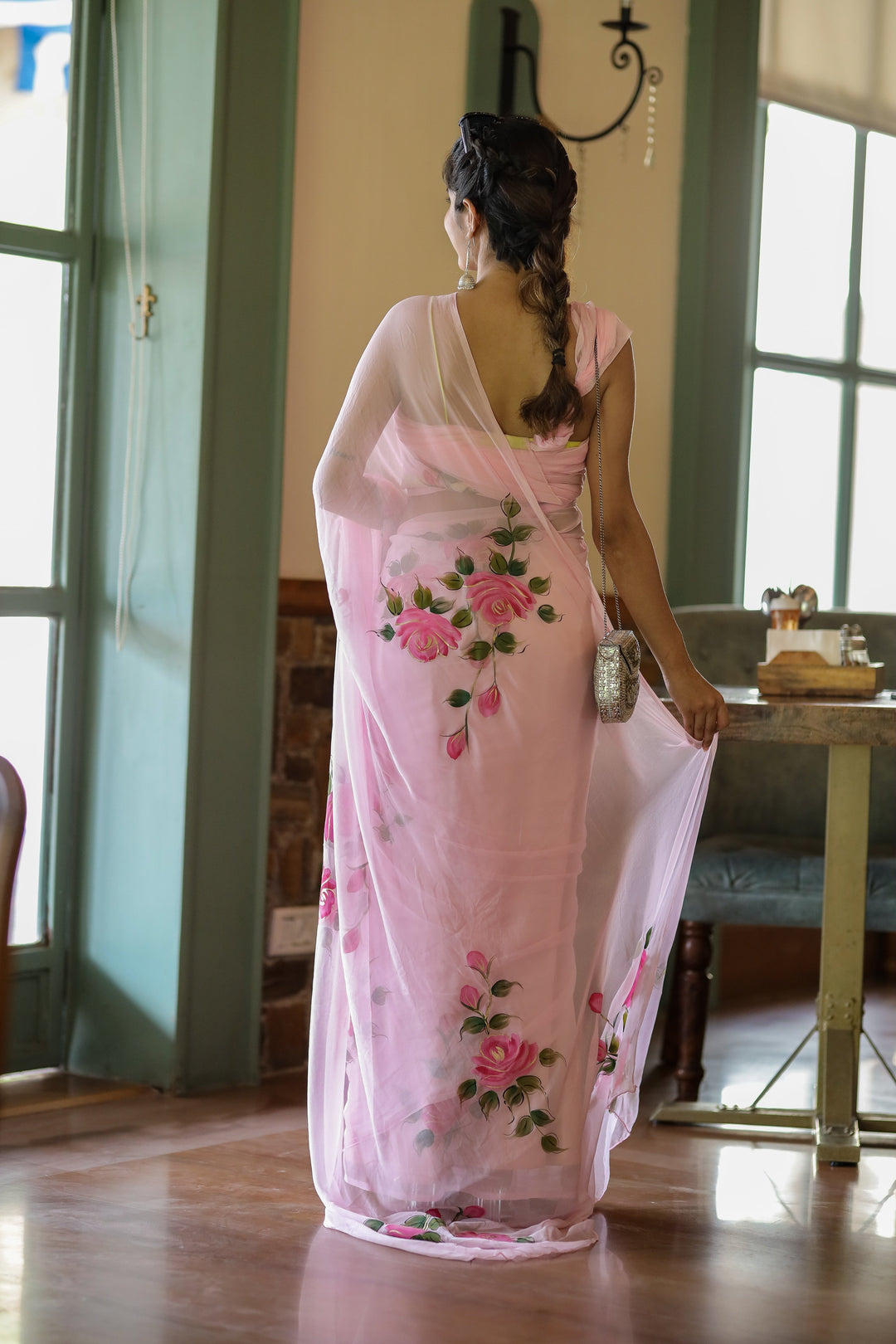 Baby Pink Pure Georgette Saree with Hand-Painted Pink Roses & Green Leaves – 5.5 Meters with Blouse Piece