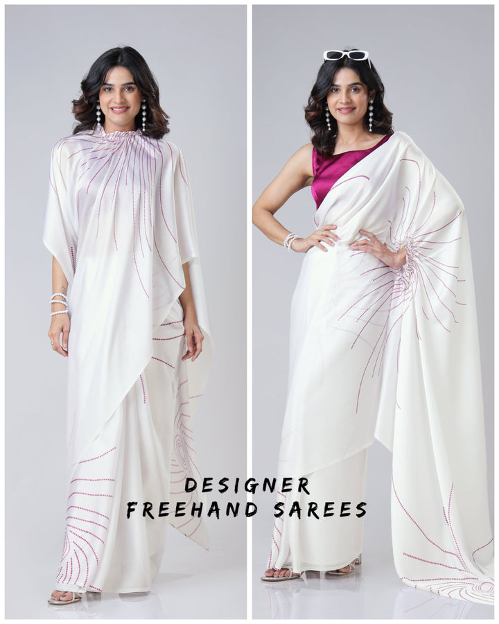 Ivory White Designer Freehand Saree with Maroon Abstract Lines – Handsfree Minimal Chic