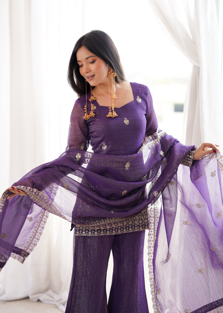 Royal Purple Crunchy Silk Embroidered Kurta Set with Bell Bottom Pants & Embellished Dupatta