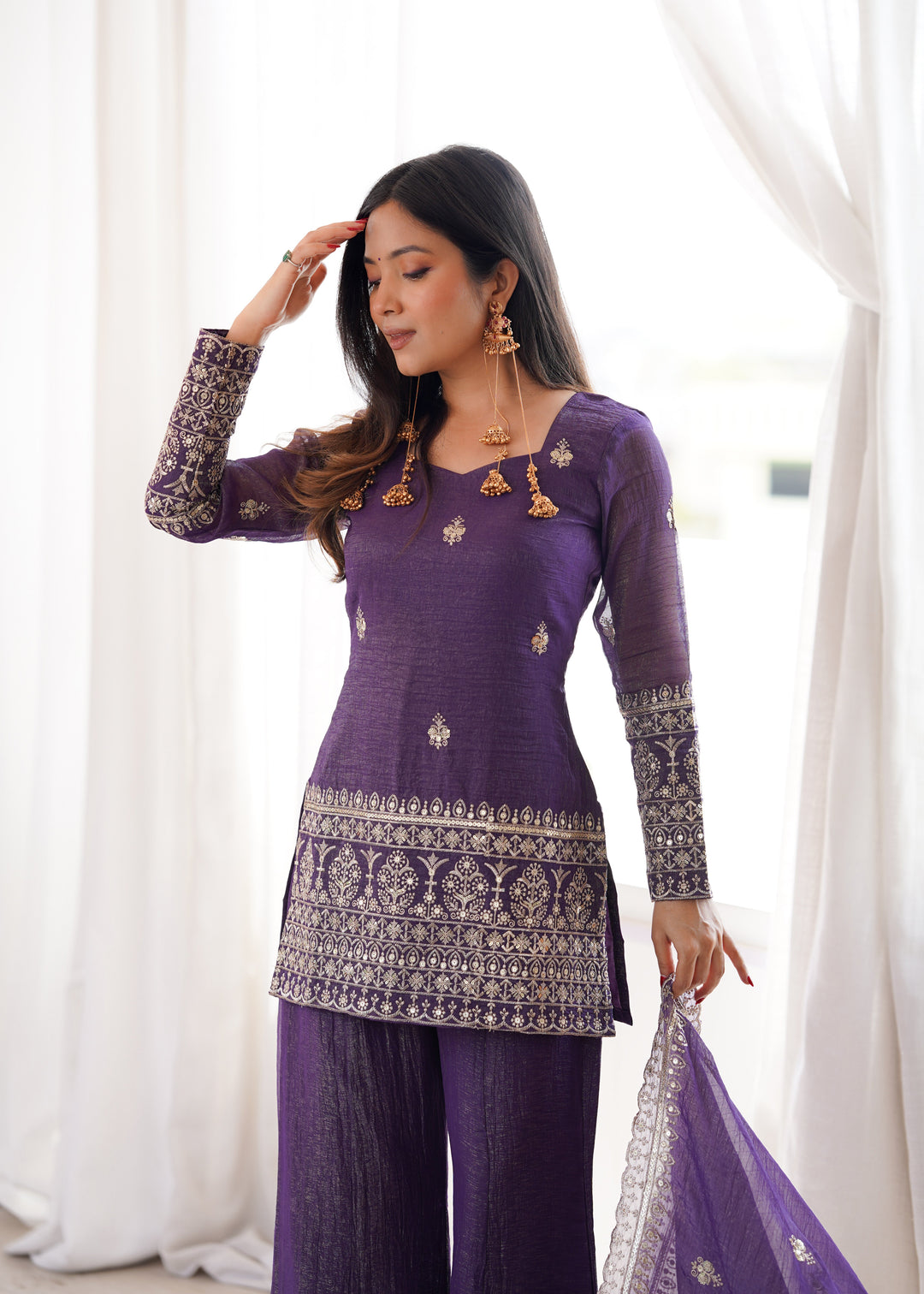 Royal Purple Crunchy Silk Embroidered Kurta Set with Bell Bottom Pants & Embellished Dupatta