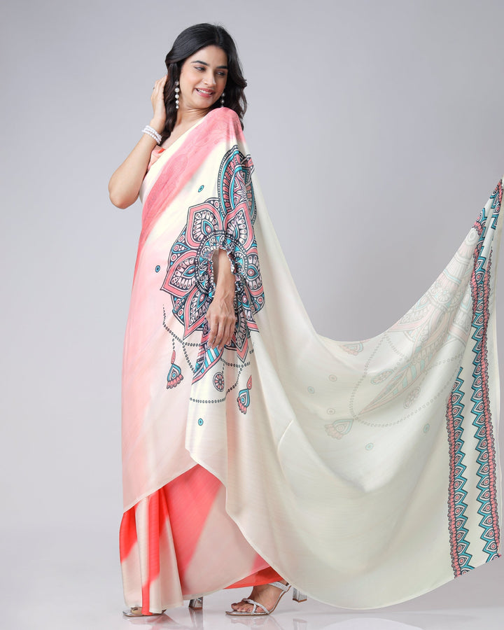 Coral Cream Mandala Print Freehand Saree – Handsfree Draping Elegance