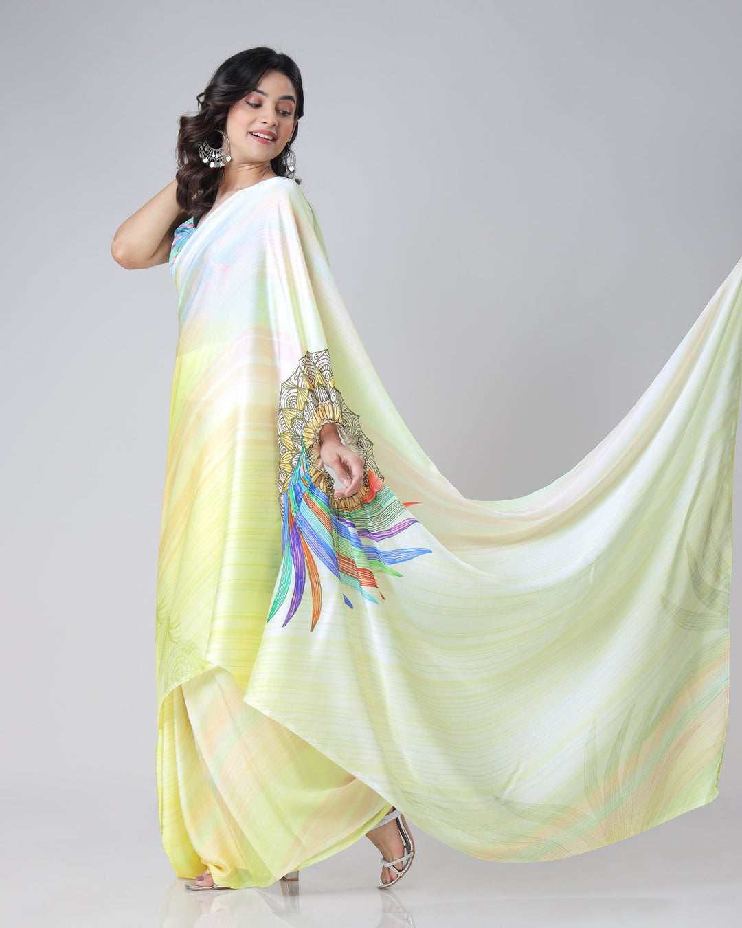 Lemon Yellow Rainbow Feather Freehand Saree – Modern Artistry with Handsfree Drape