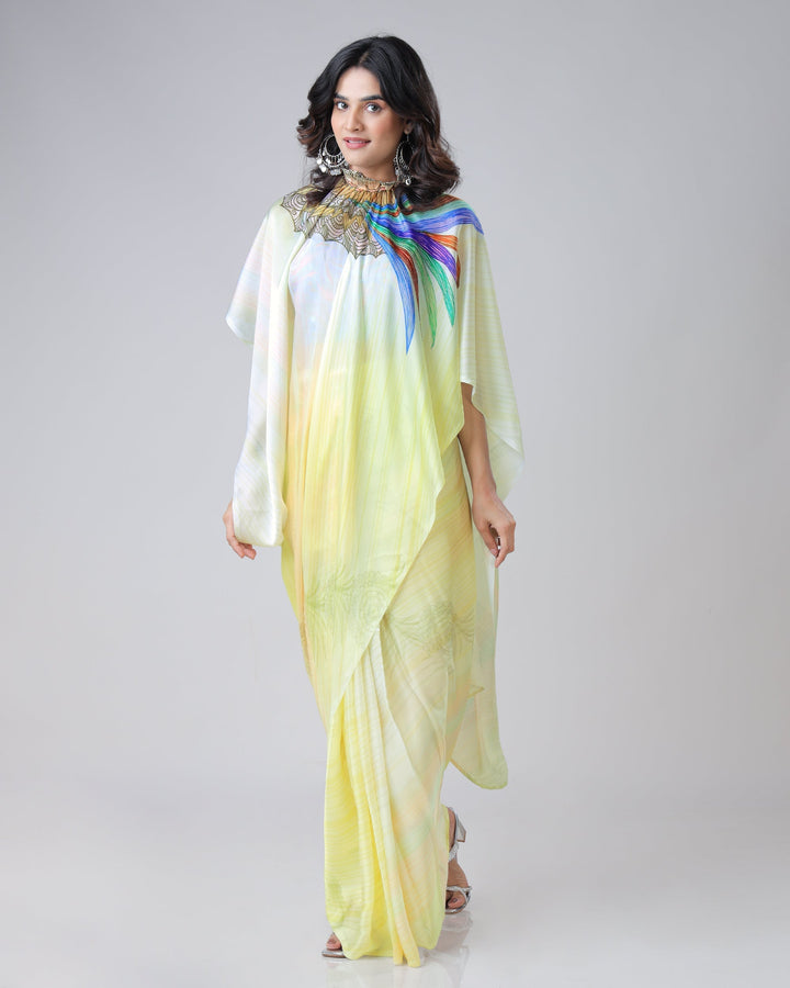 Lemon Yellow Rainbow Feather Freehand Saree – Modern Artistry with Handsfree Drape