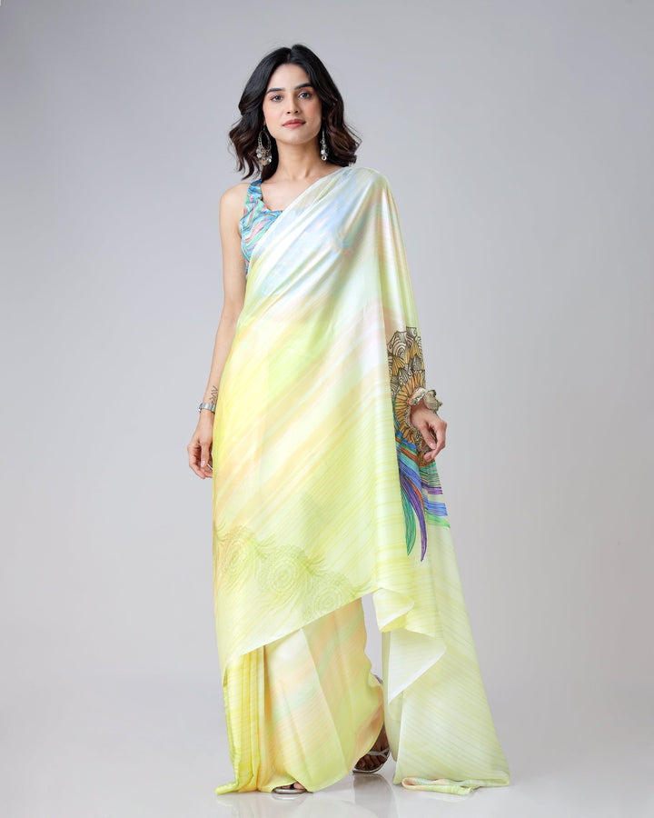 Lemon Yellow Rainbow Feather Freehand Saree – Modern Artistry with Handsfree Drape