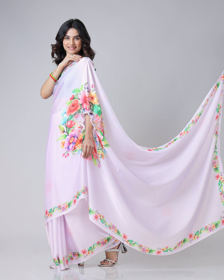 Lavender Bloom Floral Freehand Saree – Handsfree Elegance in Pastel Perfection