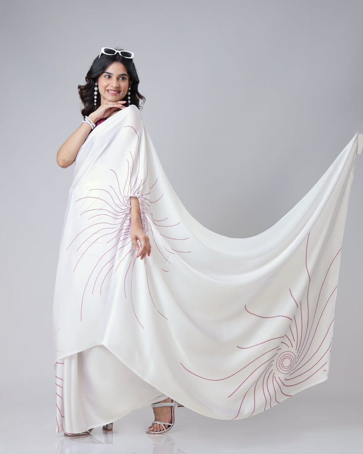 Ivory White Designer Freehand Saree with Maroon Abstract Lines – Handsfree Minimal Chic