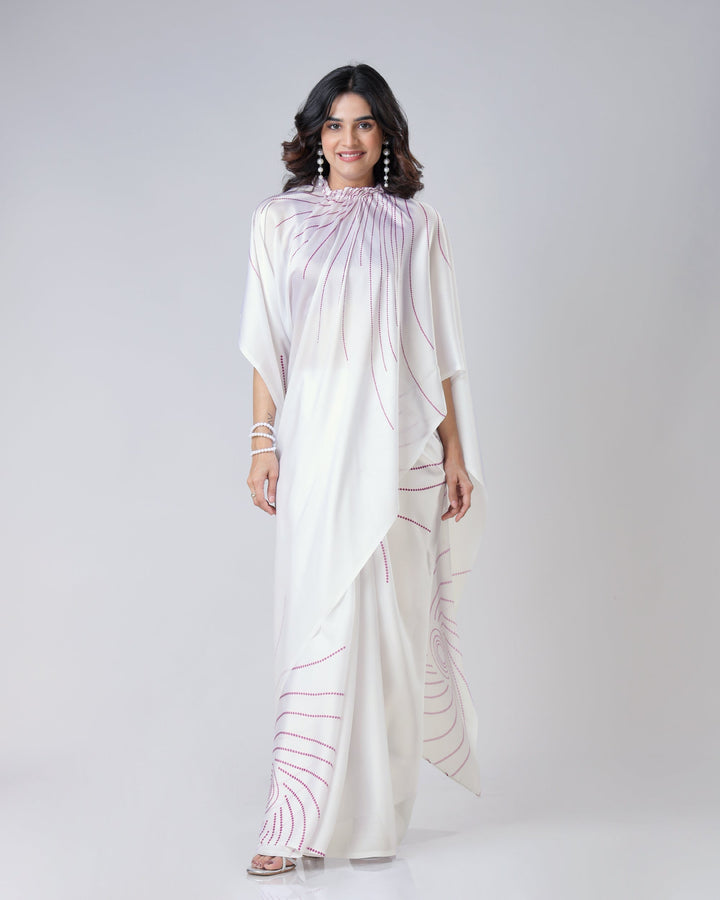 Ivory White Designer Freehand Saree with Maroon Abstract Lines – Handsfree Minimal Chic