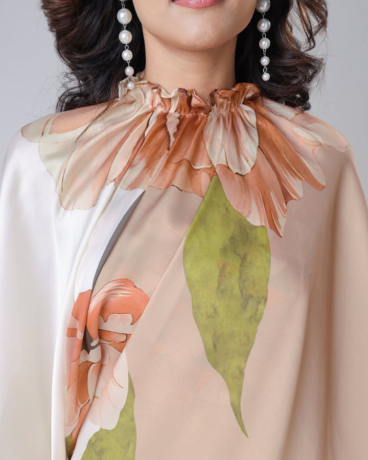 Mocha Beige & Ivory Floral Freehand Saree – Effortless Elegance with Handsfree Drape