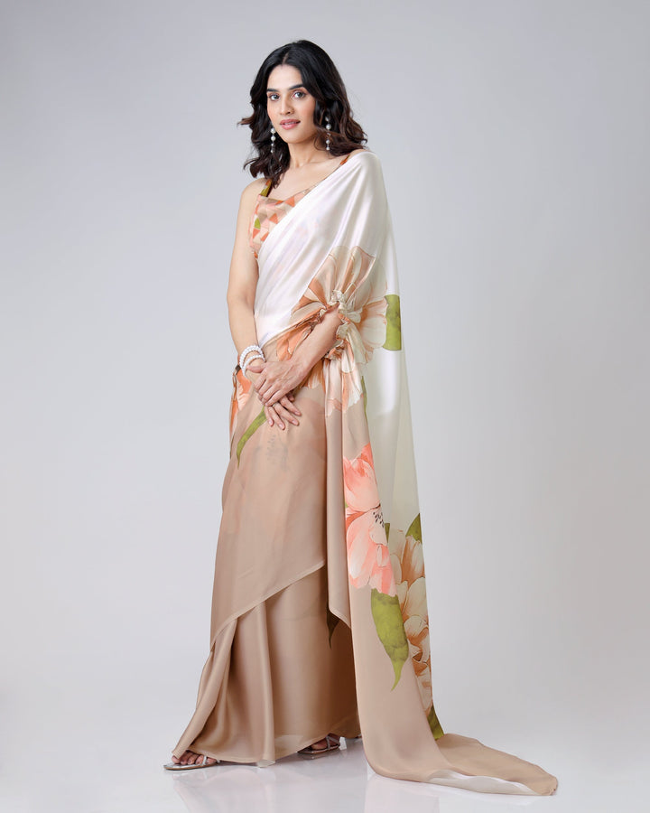 Mocha Beige & Ivory Floral Freehand Saree – Effortless Elegance with Handsfree Drape