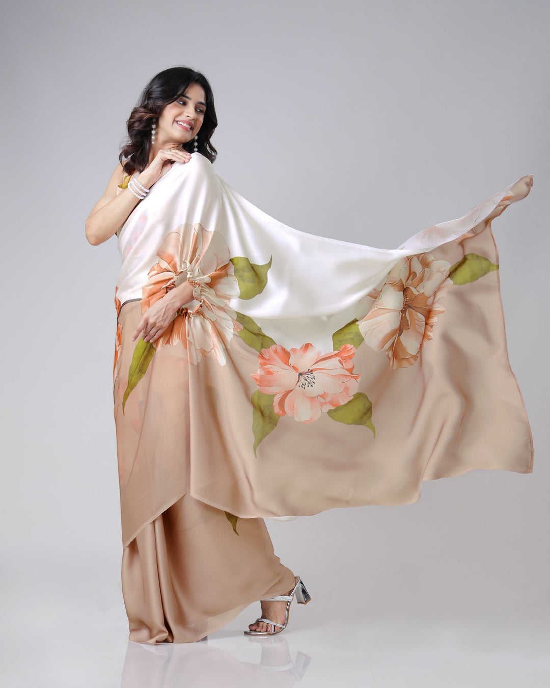 Mocha Beige & Ivory Floral Freehand Saree – Effortless Elegance with Handsfree Drape