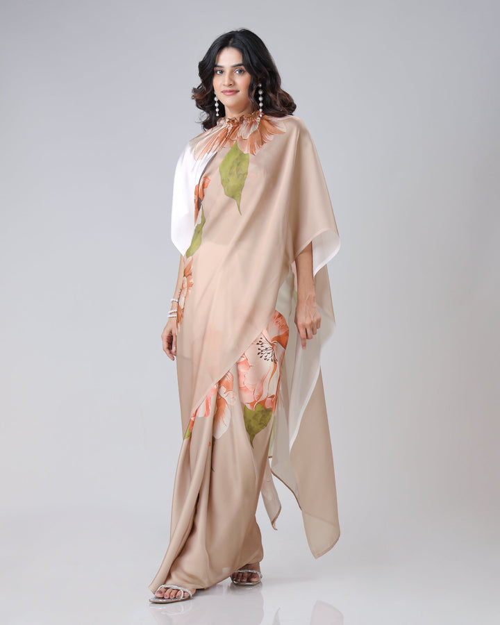 Mocha Beige & Ivory Floral Freehand Saree – Effortless Elegance with Handsfree Drape