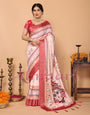 Off-White & Red Tussar Silk Durga Puja Saree with Divine Maa Durga Pallu & Zari Border | Printed Festive Drape with Tassels
