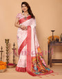 Off-White & Red Tussar Silk Saree with Kalighat-Style Devi Back Design & Sanskrit Mantra Pallu | Zari Border | Festive Tassels