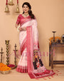 Rose Pink & Crimson Tussar Silk Saree with Kalighat Puja Artwork & Zari Border | Festive Tassel Pallu | Special Durga Puja Collection