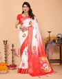 Off-White & Red Pure Tussar Silk Saree with Durga Face Print & Zari Woven Border | Festive Pallu & Tassel Detailing
