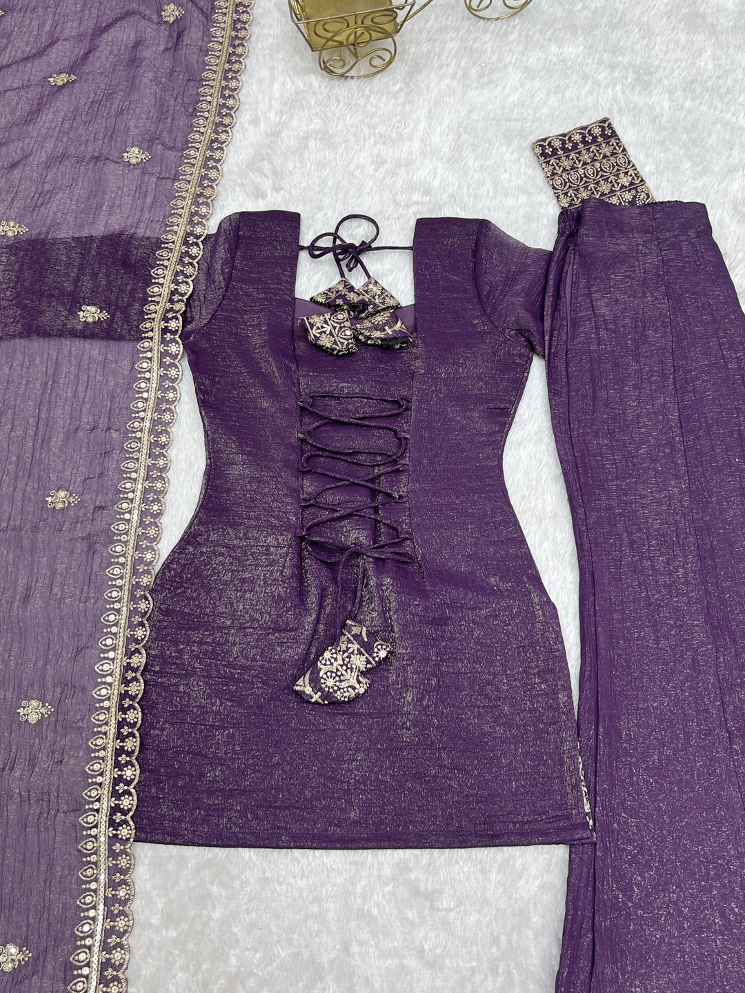 Royal Purple Crunchy Silk Embroidered Kurta Set with Bell Bottom Pants & Embellished Dupatta