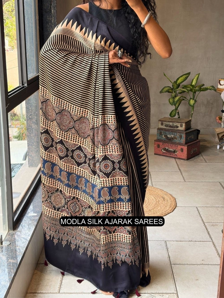 Black & Beige Modal Silk Ajrakh Printed Saree with Geometric Stripes, Heritage Pallu & Tassel Detailing