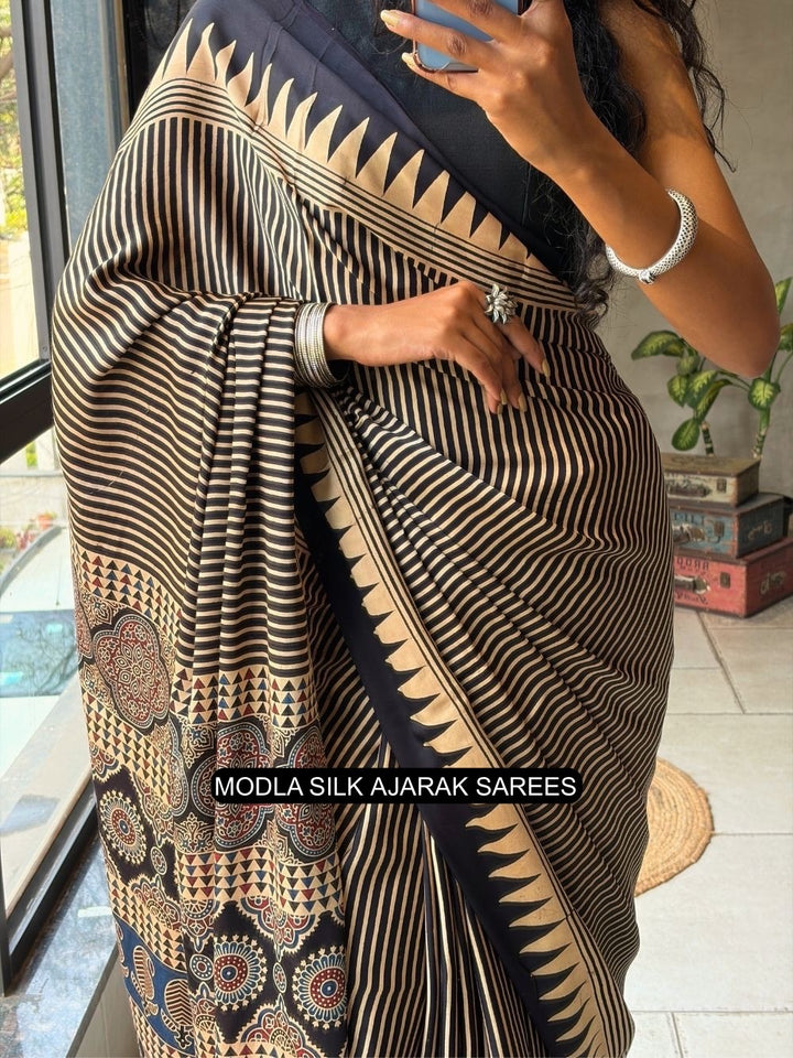 Black & Beige Modal Silk Ajrakh Printed Saree with Geometric Stripes, Heritage Pallu & Tassel Detailing