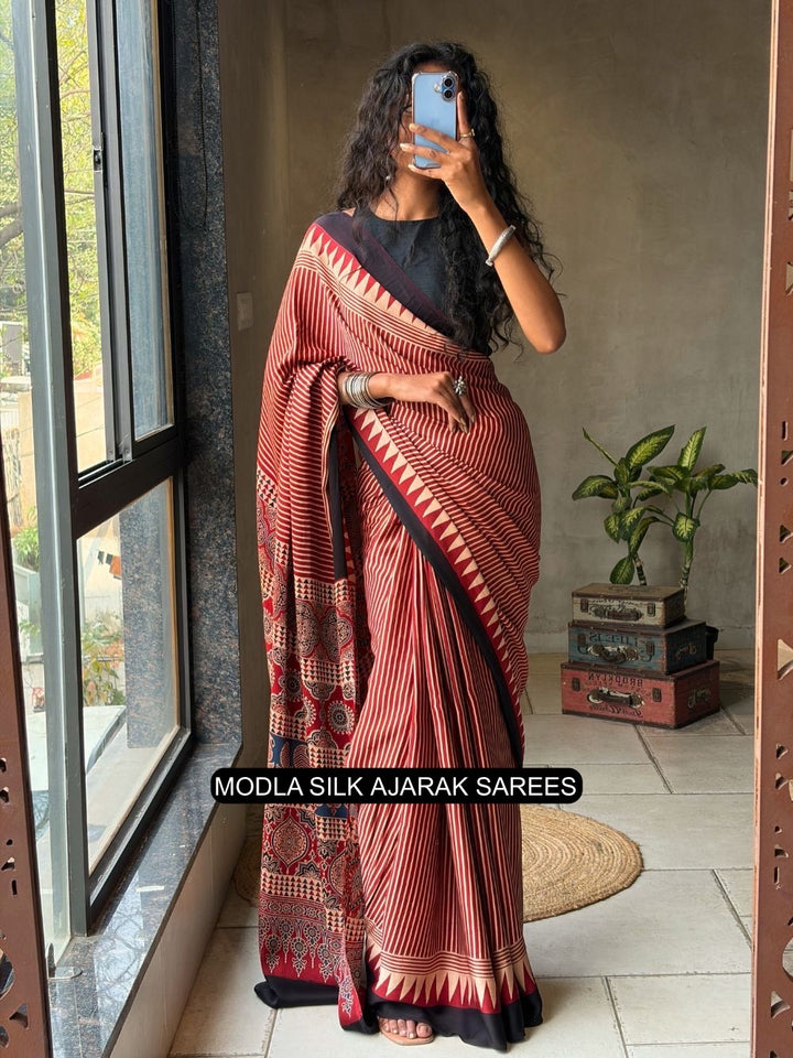 Red & Beige Modal Silk Ajrakh Printed Saree with Striped Design, Heritage Pallu & Tassel Detailing