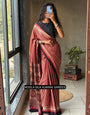 Red & Beige Modal Silk Ajrakh Printed Saree with Striped Design, Heritage Pallu & Tassel Detailing