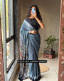 Steel Blue Modal Silk Ajrakh Printed Saree with Striped Design, Heritage Pallu & Tassel Detailing