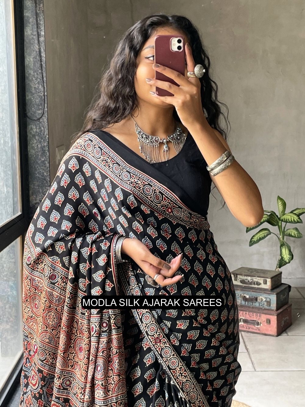 Black Modal Silk Ajrakh Printed Saree with Traditional Buta Motifs, Heritage Artistic Pallu & Intricate Ethnic Border