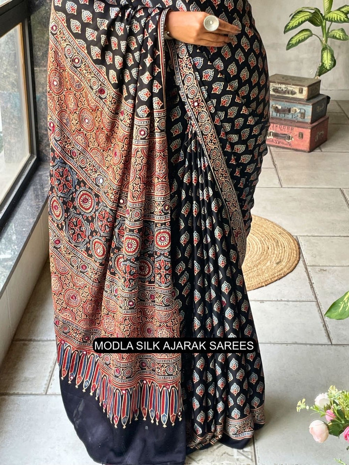 Black Modal Silk Ajrakh Printed Saree with Traditional Buta Motifs, Heritage Artistic Pallu & Intricate Ethnic Border