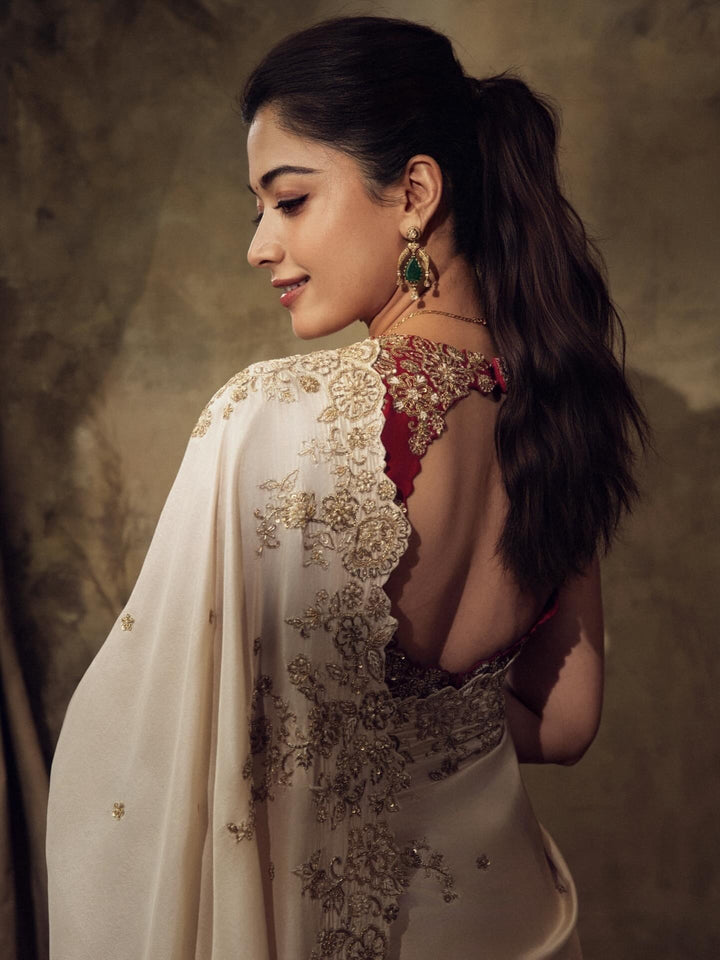 Ivory White Pure Silk Saree with Heavy Zari Embroidery & Designer Contrast Blouse | Luxury Wedding Wear Saree