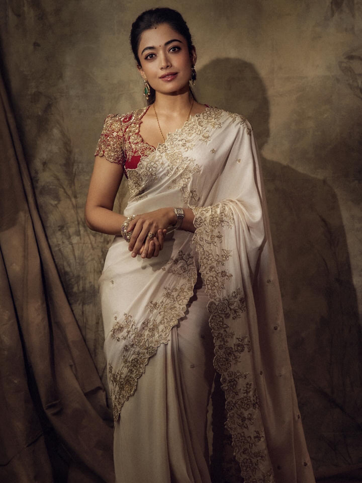Ivory White Pure Silk Saree with Heavy Zari Embroidery & Designer Contrast Blouse | Luxury Wedding Wear Saree