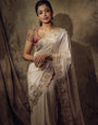 Ivory White Pure Silk Saree with Heavy Zari Embroidery & Designer Contrast Blouse | Luxury Wedding Wear Saree