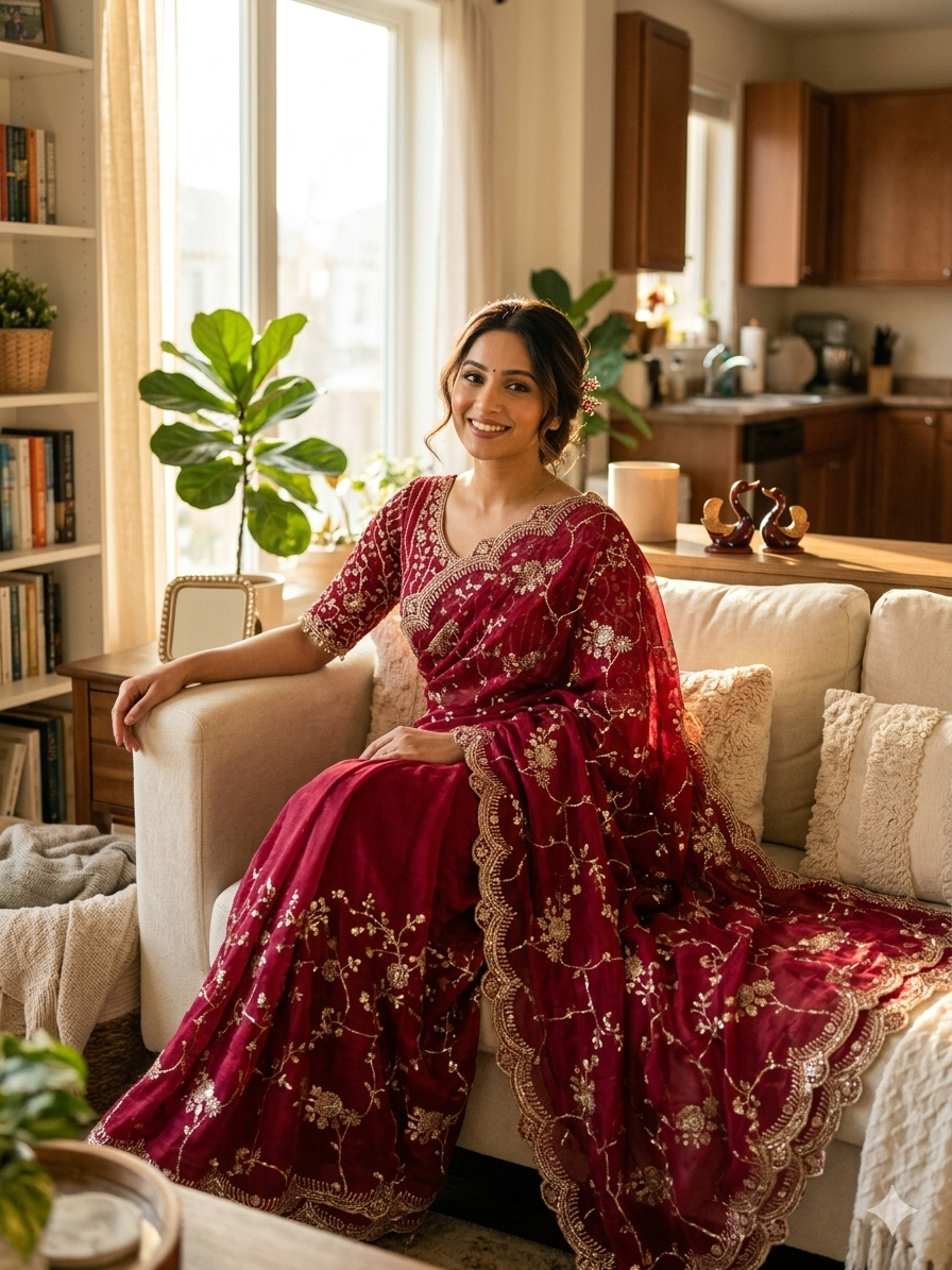 Deep Maroon Embroidered Georgette Saree with Sequins & Scalloped Border | Designer Wedding & Festive Wear Saree