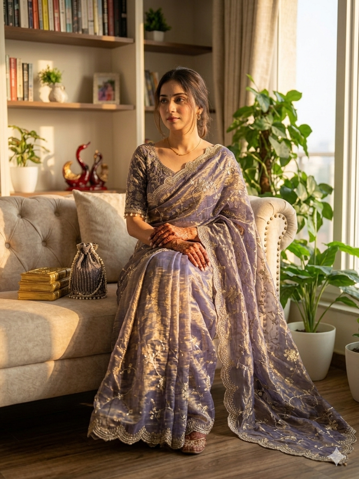 Lavender Grey Embroidered Georgette Saree with Sequins & Scalloped Border | Designer Wedding & Festive Wear Saree