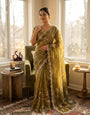 Olive Green Embroidered Georgette Saree with Sequins & Scalloped Border | Designer Festive Wear Saree