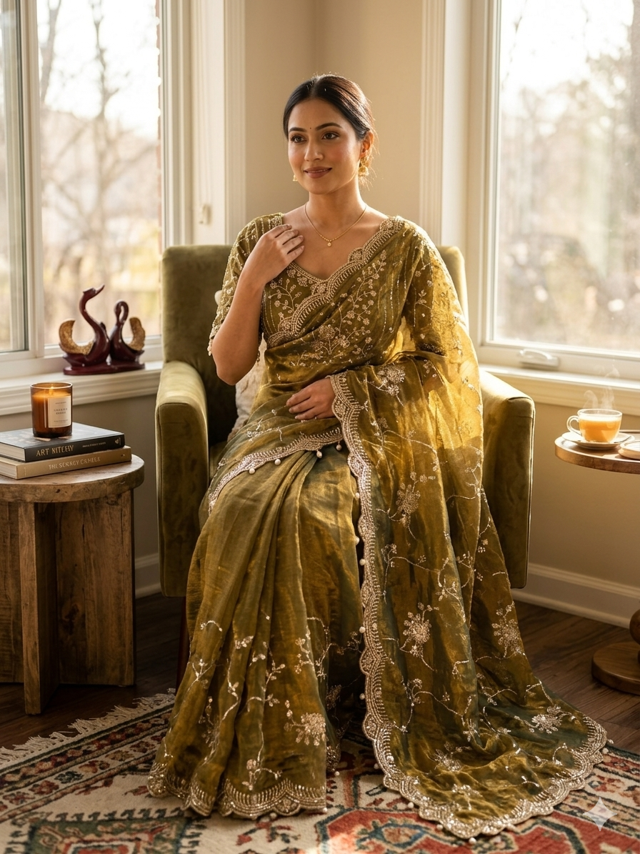 Olive Green Embroidered Georgette Saree with Sequins & Scalloped Border | Designer Festive Wear Saree