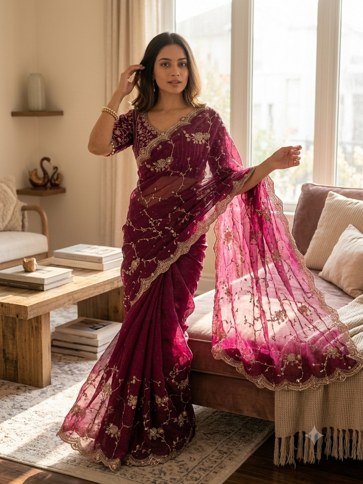 Wine Purple Embroidered Georgette Saree with Sequins & Scalloped Border | Designer Wedding & Festive Wear Saree