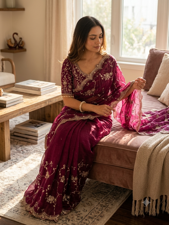 Wine Purple Embroidered Georgette Saree with Sequins & Scalloped Border | Designer Wedding & Festive Wear Saree