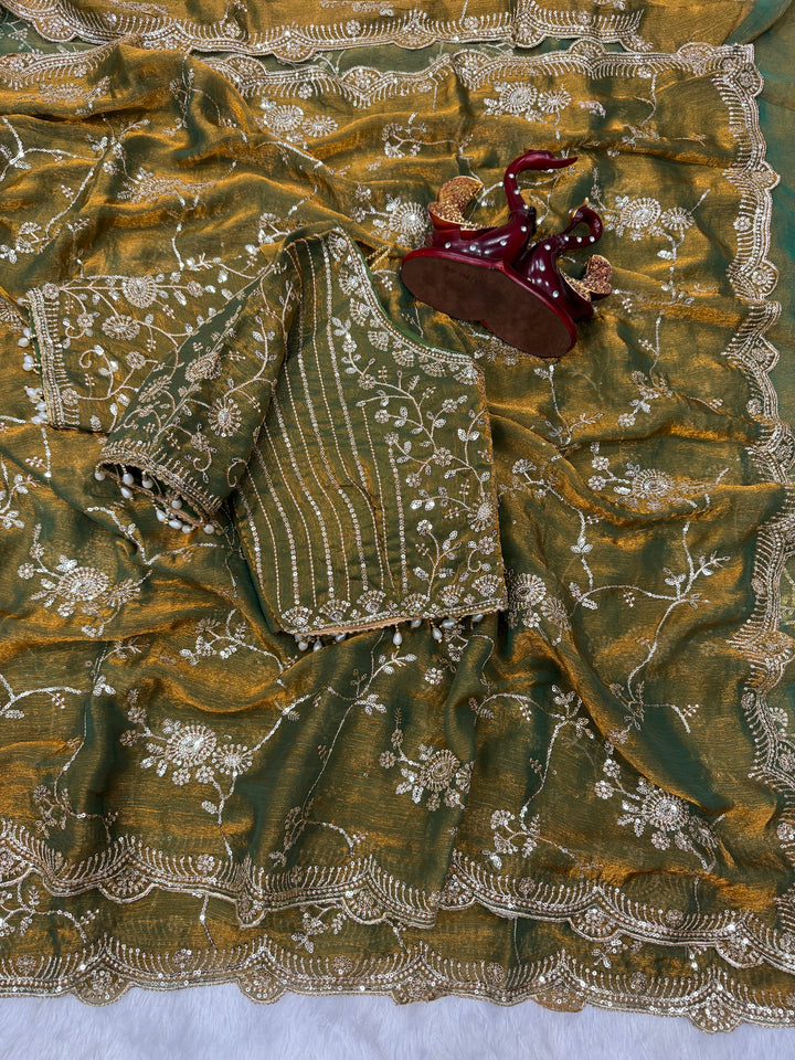 Olive Green Embroidered Georgette Saree with Sequins & Scalloped Border | Designer Festive Wear Saree