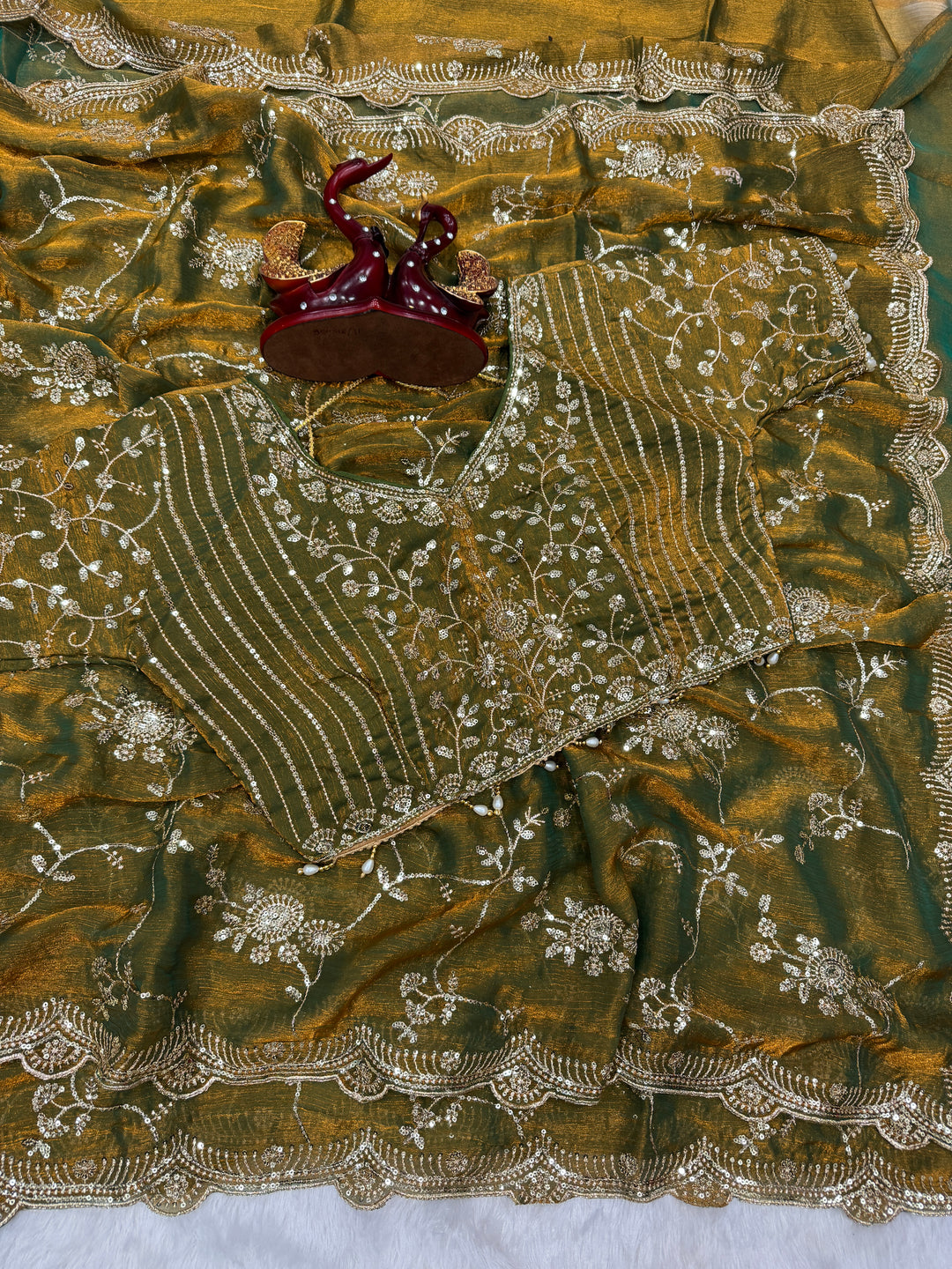 Olive Green Embroidered Georgette Saree with Sequins & Scalloped Border | Designer Festive Wear Saree
