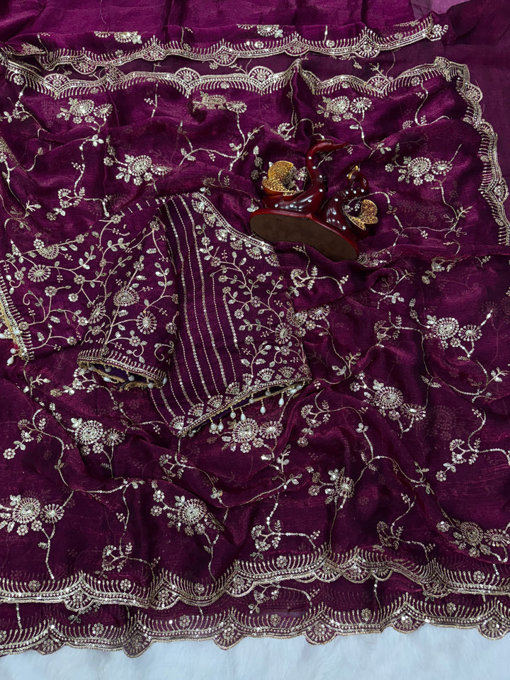 Wine Purple Embroidered Georgette Saree with Sequins & Scalloped Border | Designer Wedding & Festive Wear Saree